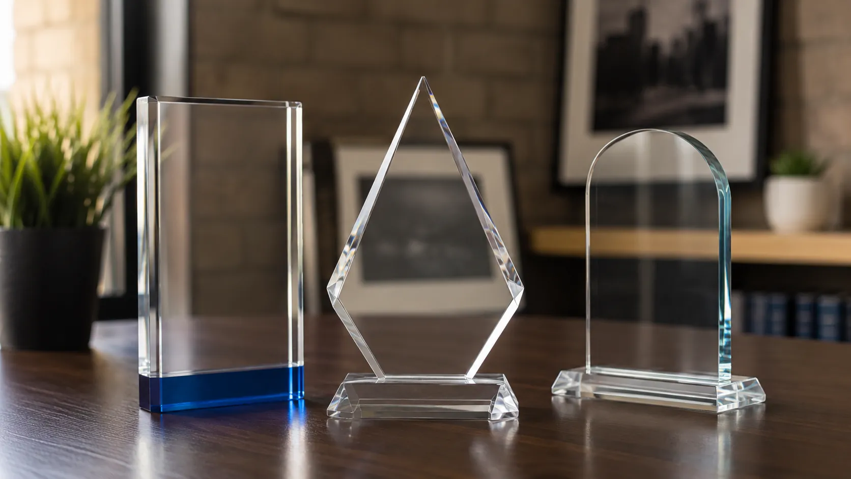 Modern acrylic and glass corporate recognition awards at The Mark-It Place in Camarillo