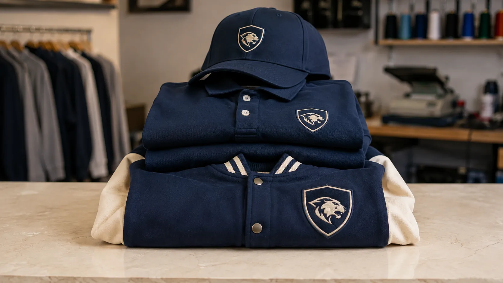 Folded custom team apparel with embroidered logos at The Mark-It Place in Camarillo