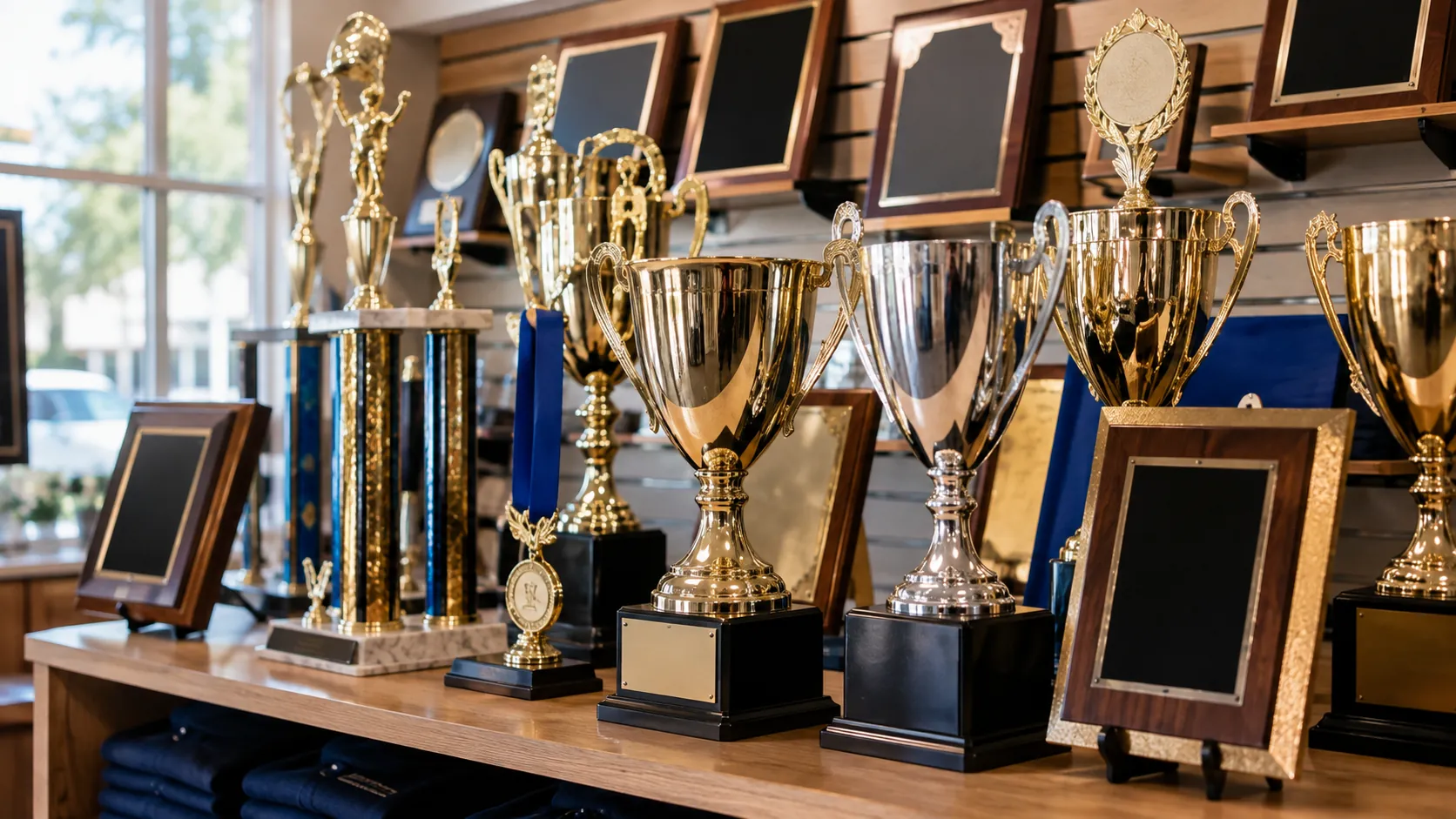Custom trophies and awards on display at The Mark-It Place in Camarillo