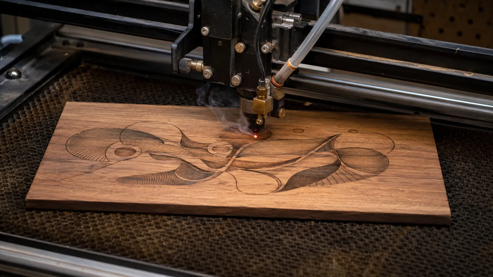 Laser engraving a design into wood at The Mark-It Place in Camarillo